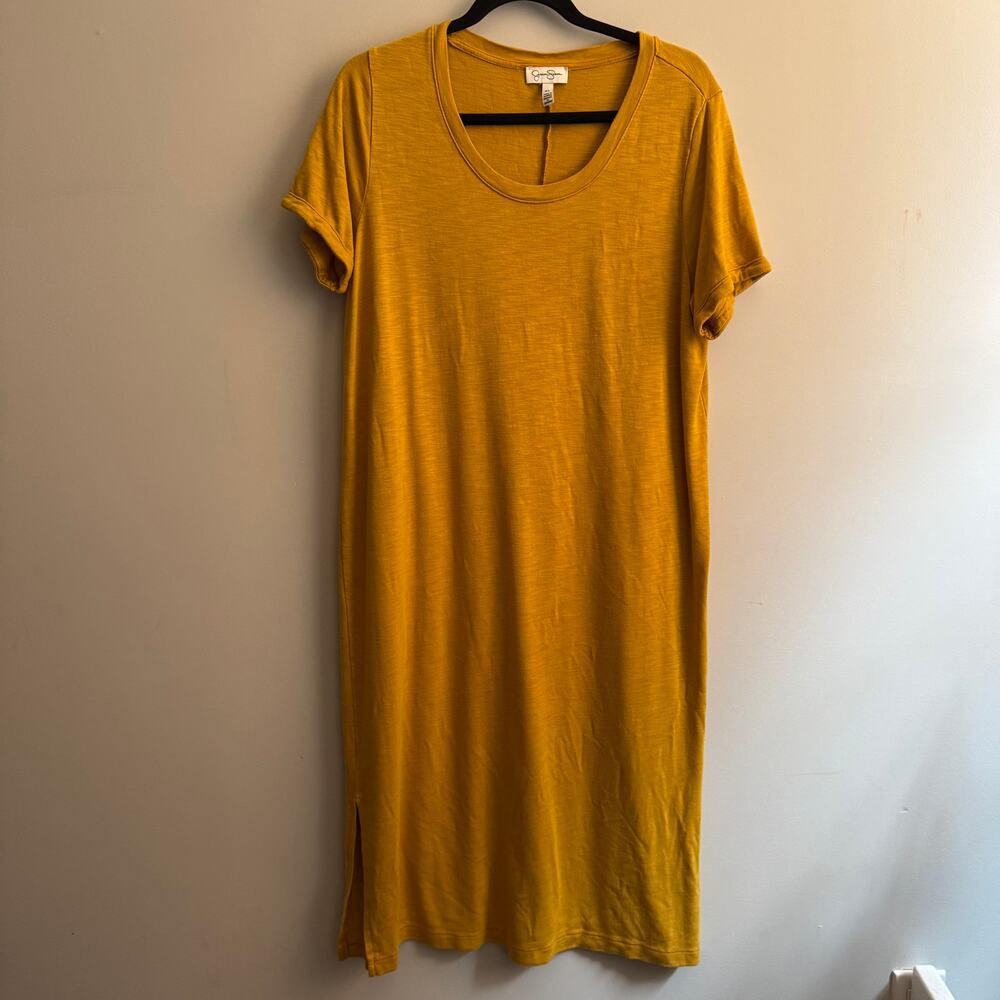 Jessica Simpson Midi Dress Yellow Round Neck Slit Pullover Short Sleeve Sz XL